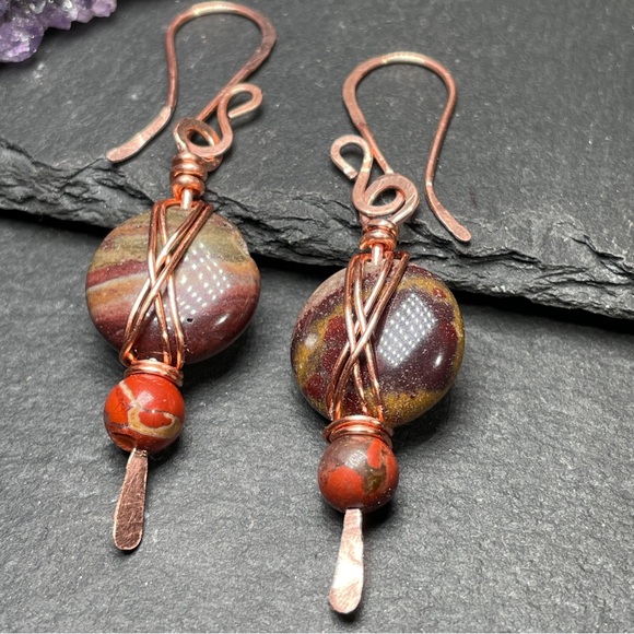 Artisan Copper and Earthy Agate and Jasper Stone Earrings - Picture 2 of 14